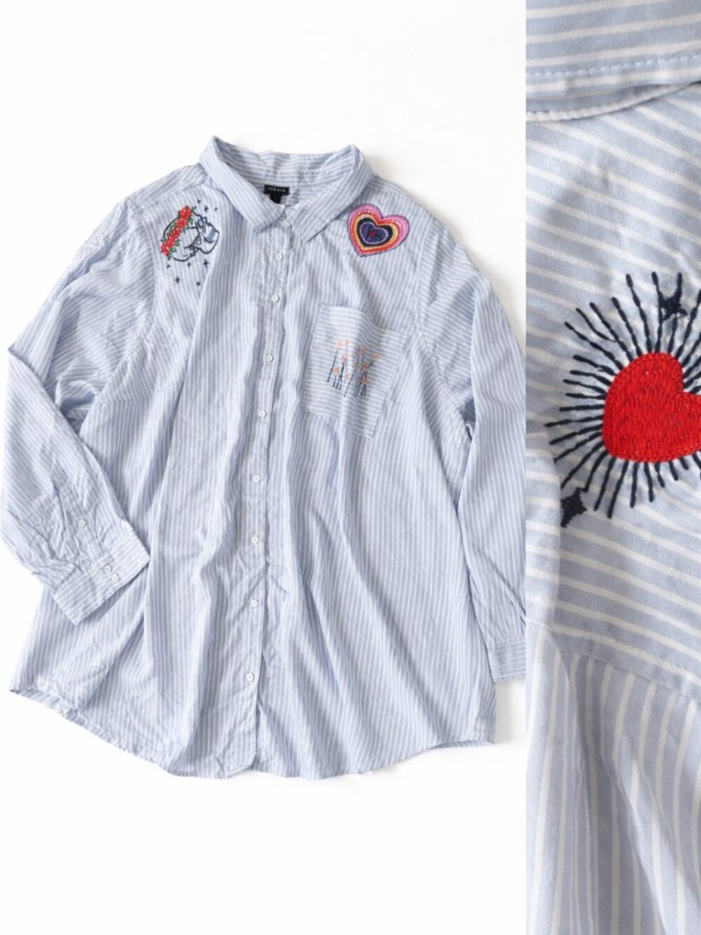 Torrid Embroidered Striped Button Down Shirt Blue White Size 6 Plus Size